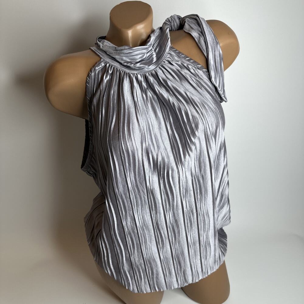 Y2K Heart & Soul Metallic Silver Pleated Halter Top L Shiny McBling Glam Party